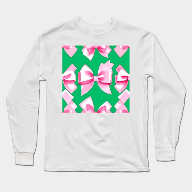 Preppy pink bows on green Long Sleeve T-Shirt by SophieClimaArt